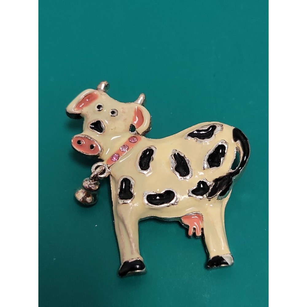 AAI Signed Vintage Brooch Pin Cow Enamel Rhinestones Silver Tone Bell Dangle